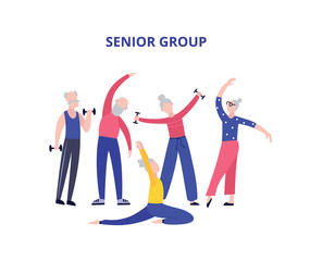 Old people doing exercises. Grandparents. Sport. Vector isolated illustration. Cartoon character.