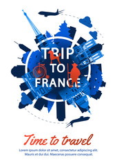 France top famous landmark silhouette style around text,national flag color red and blue design,travel and tourism,vector illustration