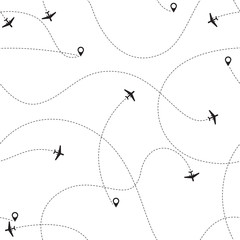 Airplanes in sky icons with flight tracks - seamless pattern vector illustration.