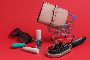 Minimalistic shopping concept. Mini shopping trolley with female accessories on red background