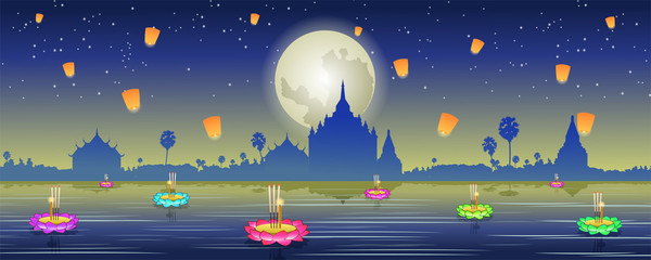 couple do Loy Krathong,Thai famous festival,believe to respect mother of river,vector illustration,full moon with temple and tree background,silhouette design