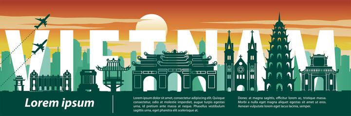 Vietnam top famous landmark silhouette style,text within,travel and tourism,vector illustration - obrazy, fototapety, plakaty