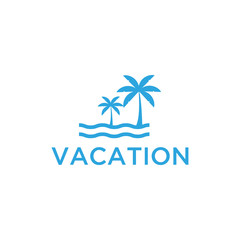 Vacation logo design template. Green palm inn seaside. The concept for travel agency, tropical resort, beach hotel, spa. Summer vacation symbol.