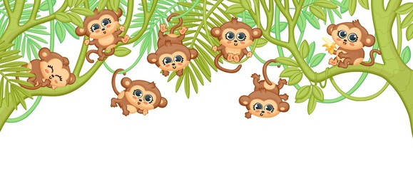 Cute cartoon baby monkeys hanging on jungle tree branches © sabelskaya