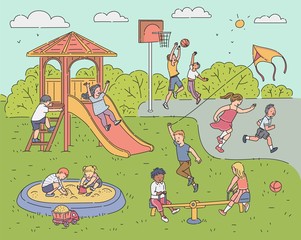 Obraz premium Childrens playing activity on playground sketch cartoon vector illustration.