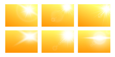 Sun rays light realistic vector illustrations banners set on yellow background.