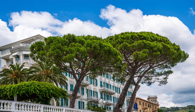 Beautiful natural view of the Bay of Paraggi in Santa Margherita Ligure, Mediterranean sea coast near luxury sea resort Portofino, Italy.