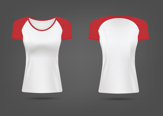 Mockup of women t-shirt with red sleeves realistic vector illustration isolated.