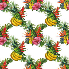 Fototapeta na wymiar Watercolour pattern with tropical palm leaves, bananas, pineapples, and flowers. Seamless pattern, summer background