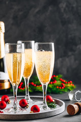 Glasses of champagne or prosecco. Christmas and New Year holidays background.
