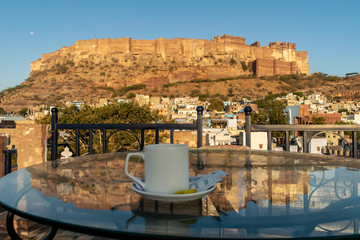 Jodhpur, Rajasthan, India; 24-Feb-2019; a cup of tea in front of the Mehrangarh Fort