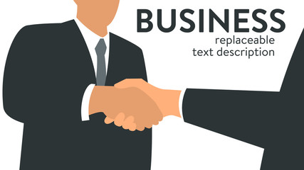 Vector illustration of two businessmen shaking hands. Poster with text placeholder and description