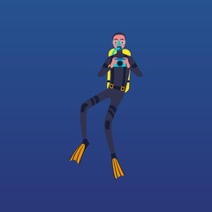 Cartoon scuba diver holding camera and taking picture underwater