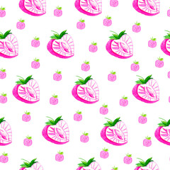 Watercolor seamless pattern with pink strawberries. A cute illustration on a white isolated background drawn with hands. Design for textiles, packaging, menus, prints, wrapping paper and cards.