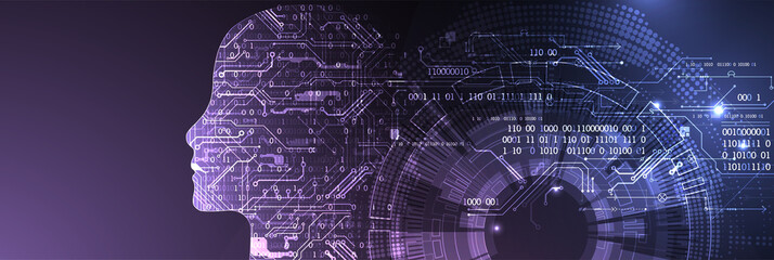 Artificial intelligence (AI) and big data concept. Machine cyber mind.  Humen face with binary data flow. Technology vector background.