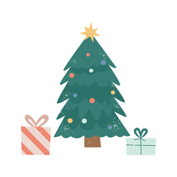 Cute cartoon Christmas tree with present boxes underneath