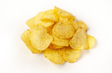 potato chips in a bowl, beer snacks on a white background