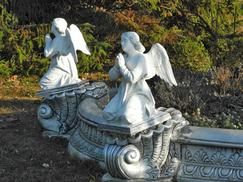 Sculptures of praying angels in church garden  