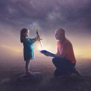 Father and daughter with sword