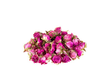 Pile of dried Rose, Rosa Damascena flower isolated on white background