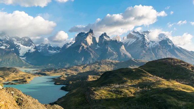 Timelapse view of Cuernos del Paine from Mirador Condor at Patagonia, Chile