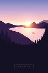 lonely canoeing adventure with orange boat at sunrise on the river vector illustration EPS10