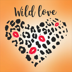 Seamless animal pattern for textile design Vector illustration in heart form with Lips Kiss. Wild love.