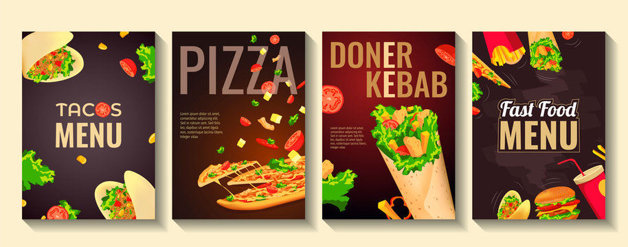 Set Of Flyers For Fast Food Cooking Cafe And Restaurant Menu Food Ordering Junk Food Pizza Tacos Kebab And Burger Vector Illustration Perfect For Banner Poster Flyer Cover Menu Brochure Stock Vector Set Of Flyers For Fast Food Cooking Cafe And Restaurant Menu Food Ordering Junk Food Pizza Tacos Kebab And Burger Vector Illustration Perfect For Banner Poster Flyer Cover Menu Brochure Stock Vector