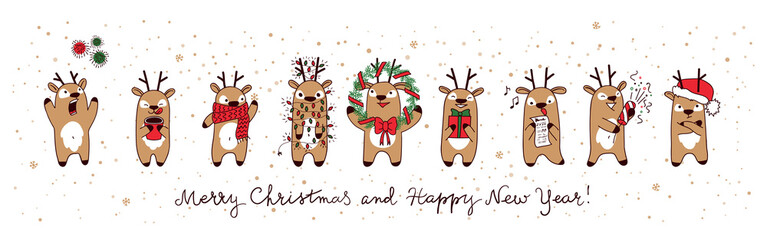 Christmas deers. Merry christmas and Happy New Year, funny holiday banner. Vector illustration.