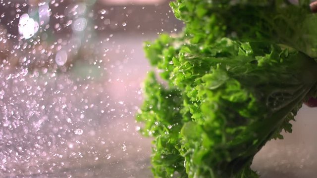 Green lettuce lands on granite table to with big splash