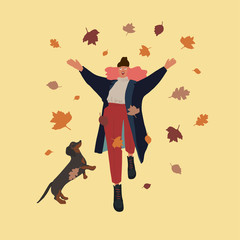 Young girl and dachshund dog playing with autumn leaves. Vector flat illustration