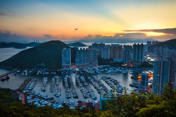 Fototapeta na wymiar Aberdeen Typhoon Shelter, Hong Kong seen from Nam Long Shan, in Sunset time