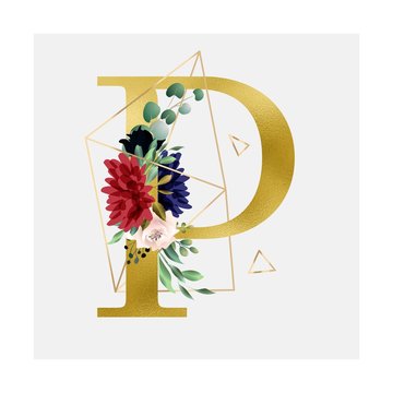 Capital P Floral Alphabetic and Geometrical, Boho Style, Modern Typography Ornamental, Botanical, Burgundy and Navy Blue Golden Foil Typorgraphy