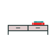 Simple short console table with drawers or TV stand with books stacked on top