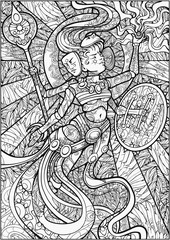 Coloring book for adults. An Indian female deity with four arms, a doll body, a spear and a shield, and masks flying around her face. Praying with a beatific face. Floating in the rays of the sun.