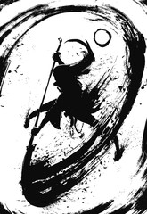 Black silhouette warrior with Eastern halberd naginata, makes a circular incision describing a beautiful ink circle . 2D illustration.