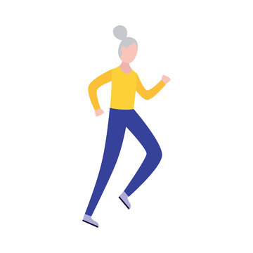 Senior woman running taking care of health, flat vector illustration isolated.