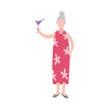 Cheerful senior woman with glass of wine flat vector illustration isolated.