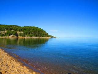 Landscape of shore and ocean  in the Penouille sector of Forillon National Park, Gaspe Peninsula, Quebec, Canada.  Gulf of St. Lawerence river.