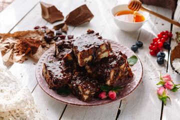 Homemade chocolate cake with honey
