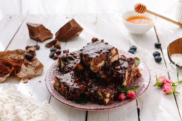 Homemade chocolate cake with honey