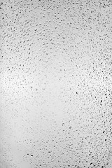 Drops of water flow down the surface of the clear glass on a gray background.