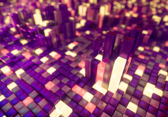 Abstract Geometric Pattern Background with Purple, Pink and Yellow Glowing Blocks Reminding Futuristic City