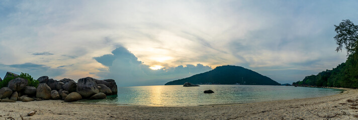 Besar, Perhentian Island, Malaysia; 18-May-2019; a panoramic view of Perhentian Kecil from Perhentian Besur at sunset, Perhentian Islands, Malaysia