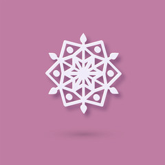 Vector Multilayered Paper Snowflake icon. Paper cut snow flake isolated on violet color cover. Weather ornate symbol. Flat style Christmas, Noel greeting Origami craft snowflake