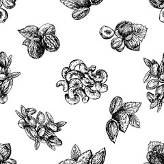 Seamless pattern of hand drawn sketch style different kinds of nuts isolated on white background. Vector illustration.
