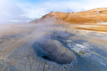 steaming mud holes and solfataras in the geothermal area of Hverir near lake Myvatn, northern...