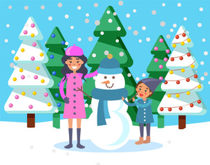Mom and child sculpting snowman in park. Winter landscape with snowfall and pine trees with baubles. Mum and kid with sculpture of snow having hat and knitted scarf. Seasonal vacations vector