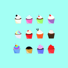Set of cute cupcakes, Hand drawn design for greeting cards, fabric, wrapping paper, invitation, stationery, Doodle cartoon style, Dessert concept