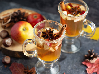 Homemade Apple cider sangria . White wine, mulled wine with Apple, cinnamon and anise. Winter and autumn drink